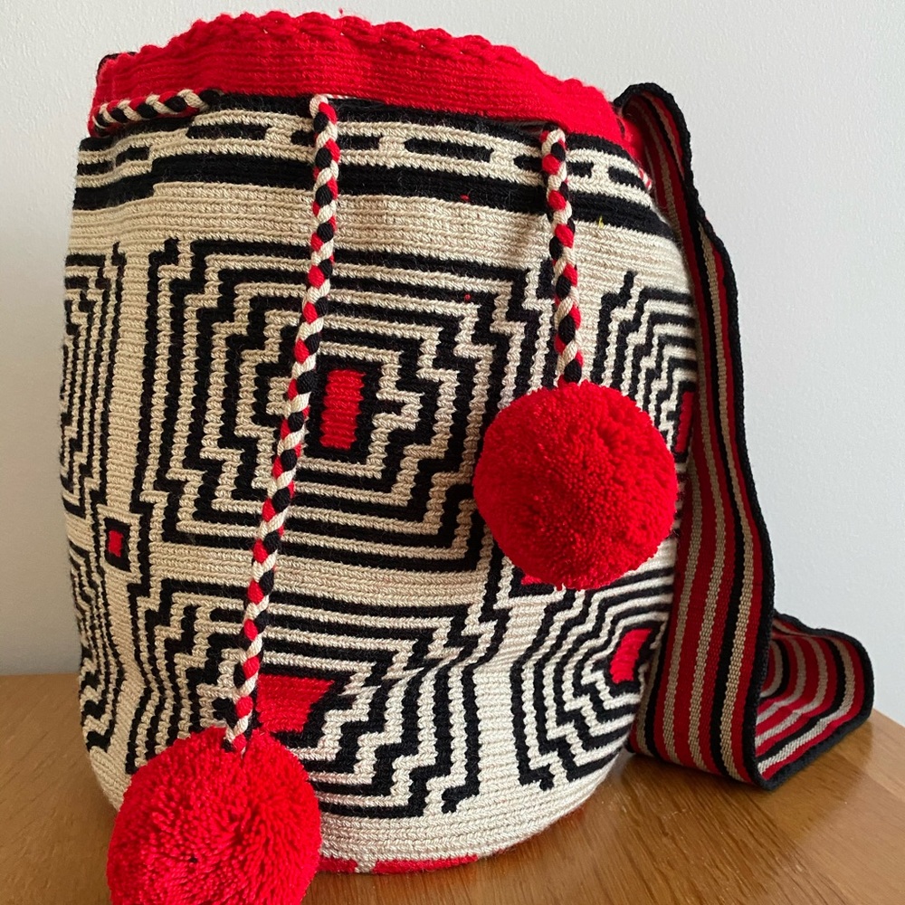 Red and Black Geometric Patterned Women Bag